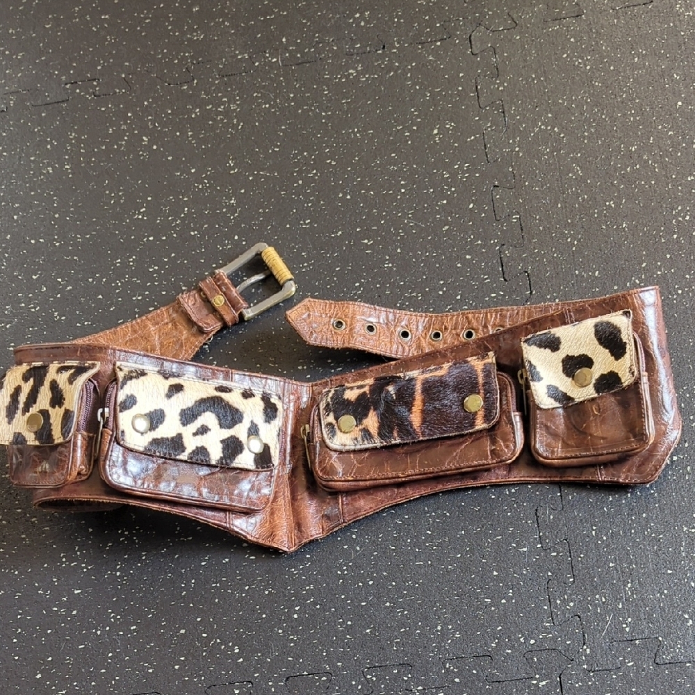 Brown Leather Belt Bag with Animal Print Details. Burnung Man Festival belt